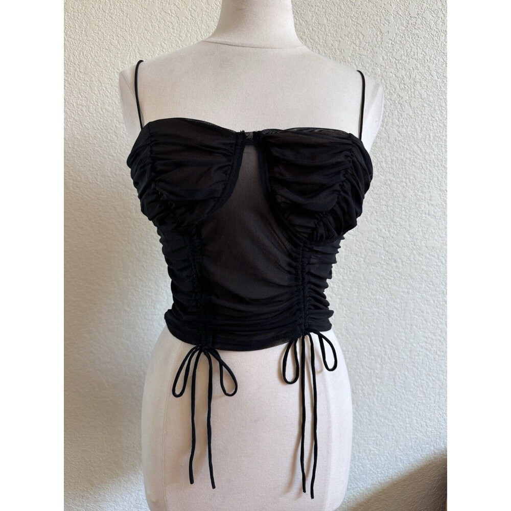 Vtg Hera Black Babydoll Corset Cami Top Mesh L Tied Up Wired Witchy Fairy Y2K